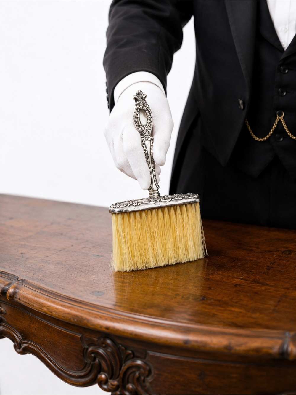 Crumb Brush Sterling Silver Handle Natural Animal Bristles 6 In Signed Antique.